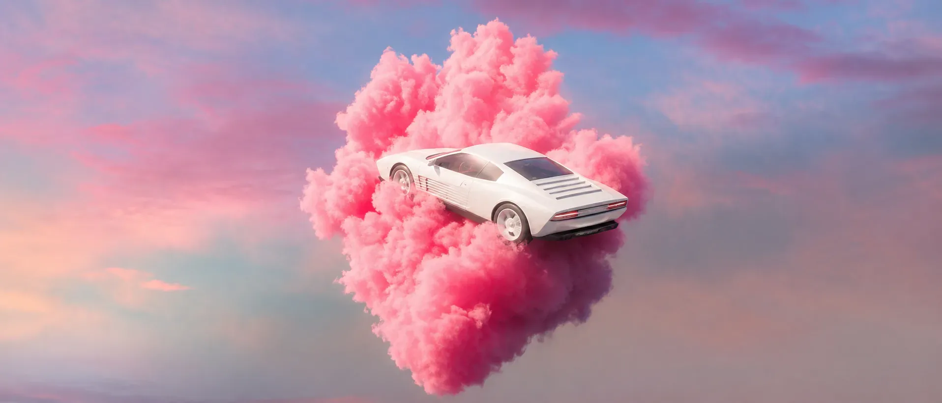White sports car suspended in pink clouds from the AIFACECRAFT collection