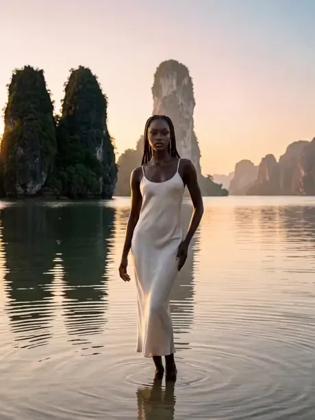 Woman in white beside a mountain lake