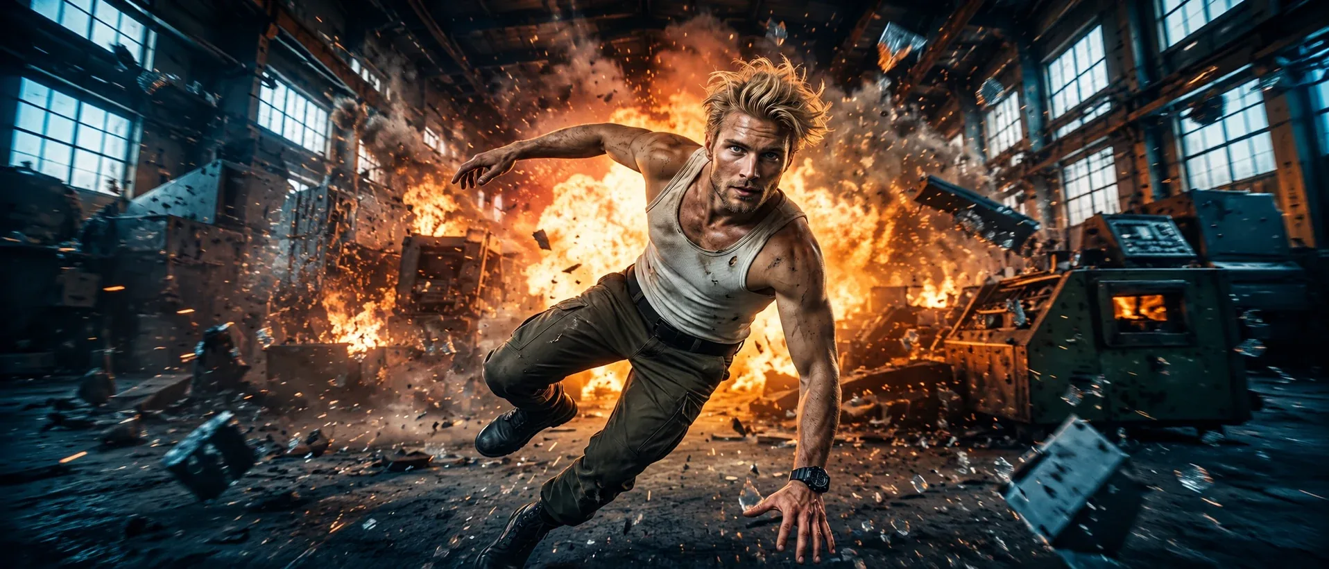 Man leaping through an industrial building with an explosion behind him