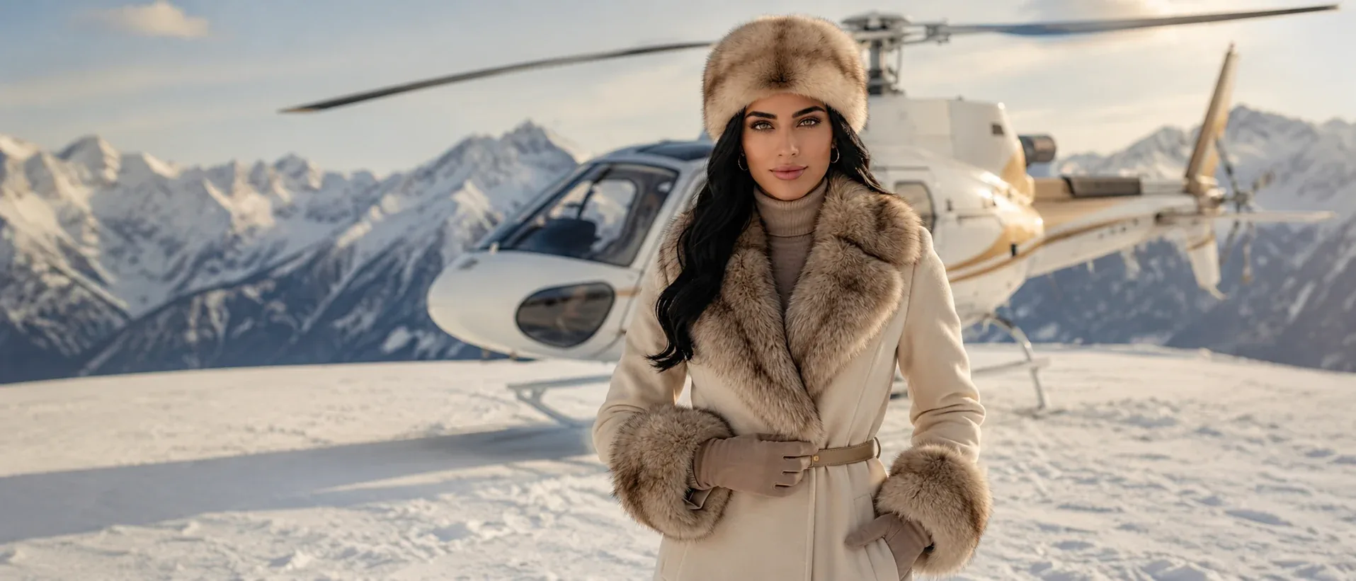 Woman in a cream winter coat beside a helicopter in snowy mountains