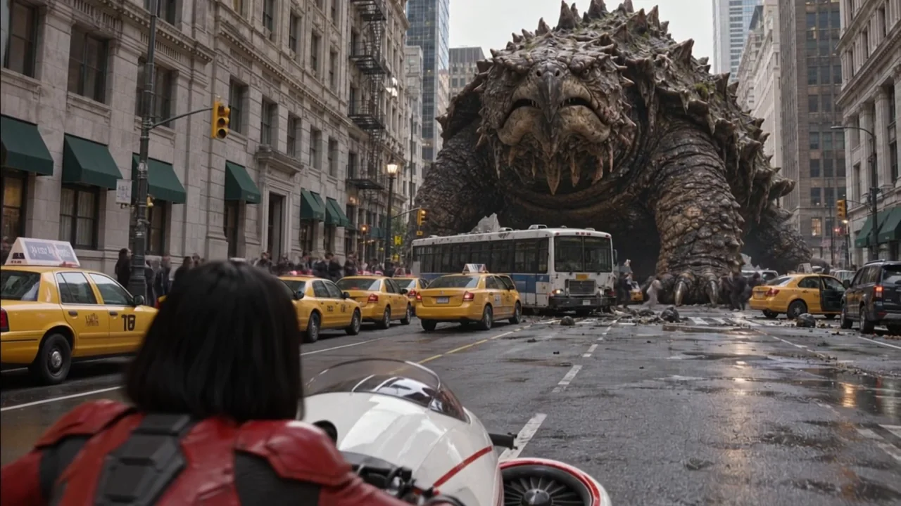 A rider on a white hover bike faces a giant armoured turtle on a rain-wet New York avenue, a frame from a Kling 4.0 clip