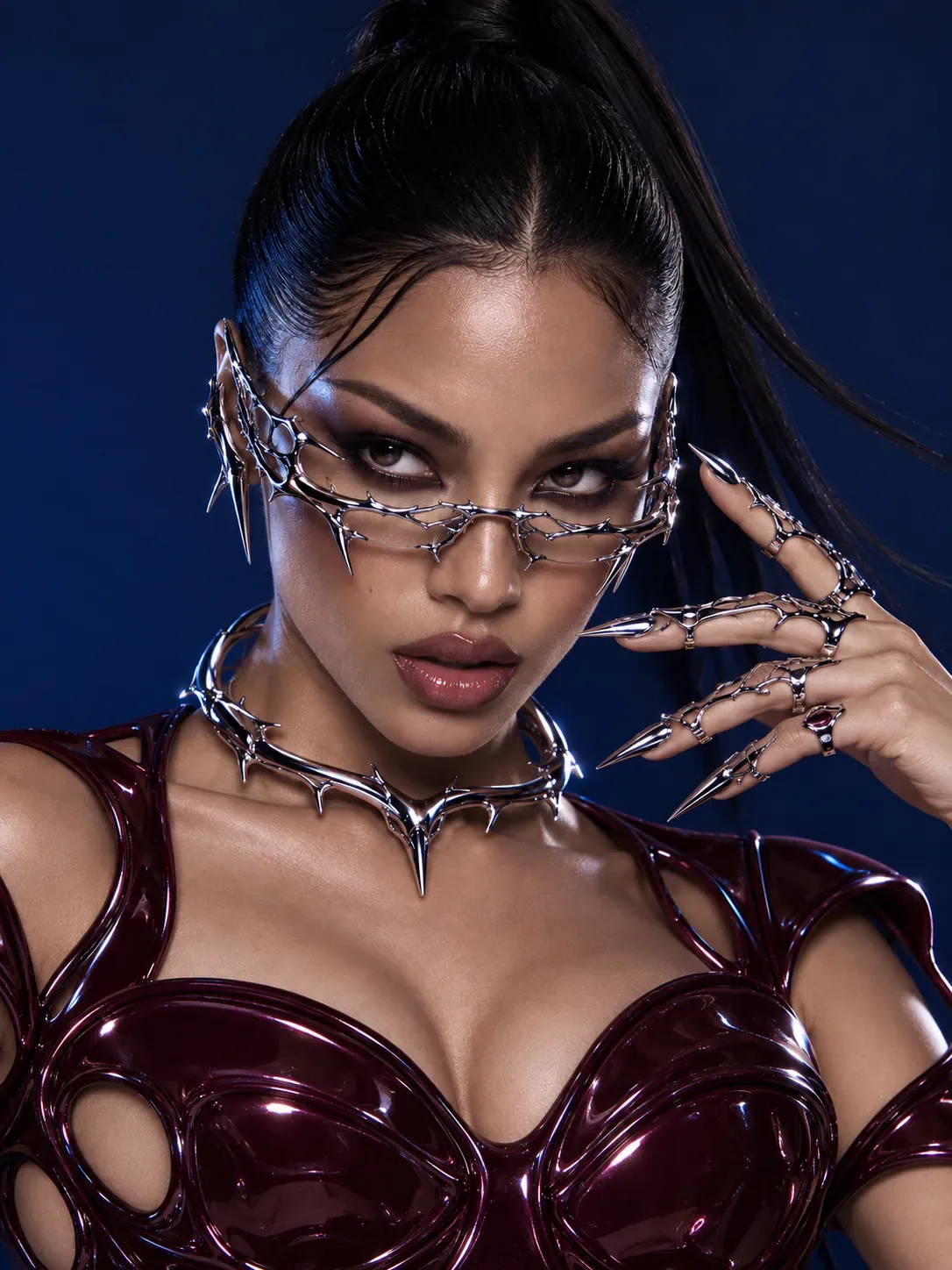 Portrait in a sculpted silver visor and metallic bodice