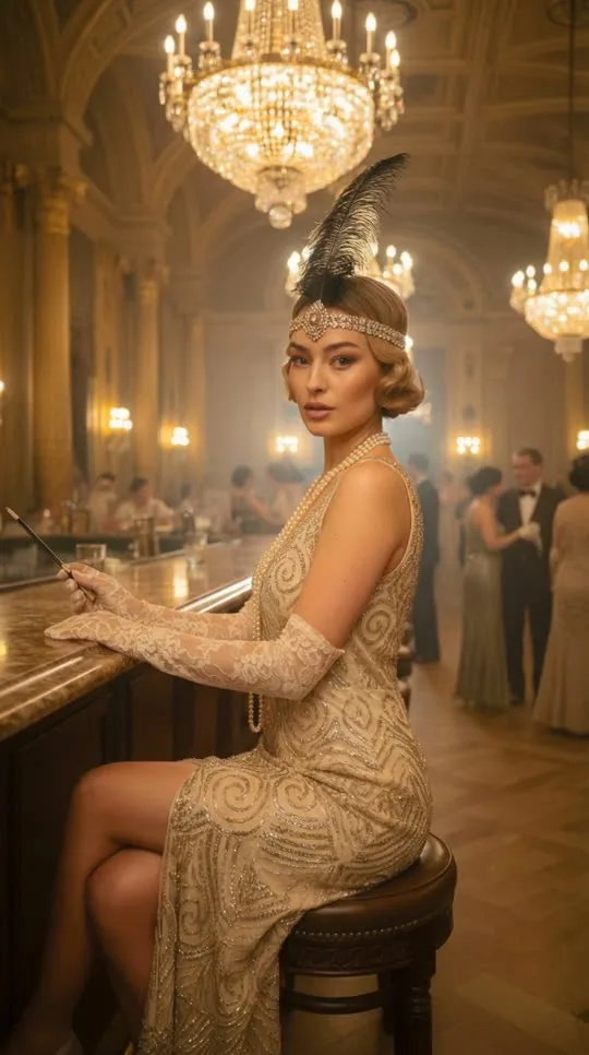 Video frame: 1920s evening dress in a chandelier bar