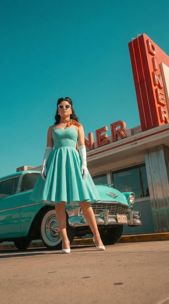 Video frame: teal dress beside a vintage car