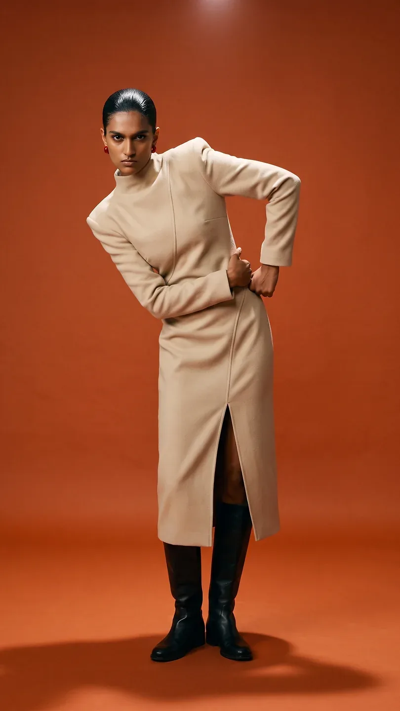 Campaign frame: cream coat against an orange wall