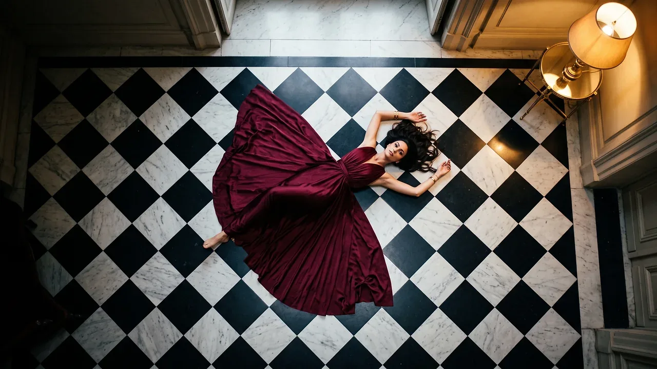 Campaign frame: burgundy dress on a checkered floor