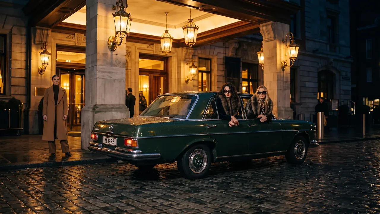 Campaign frame: group beside a vintage car at night