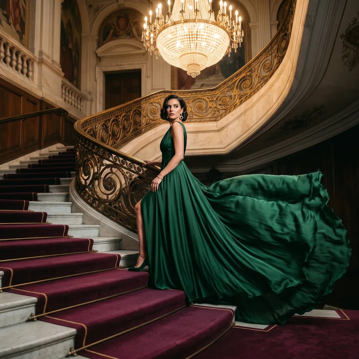 Campaign frame: green gown on a red staircase