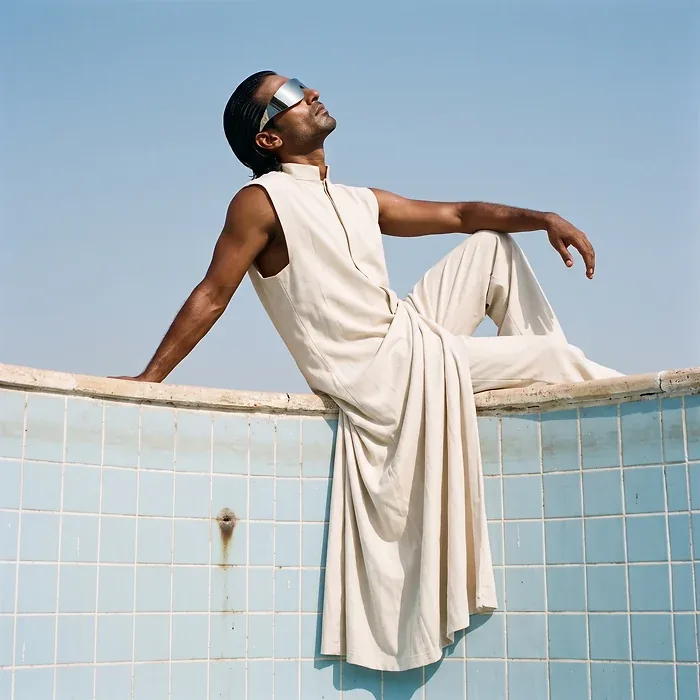 Campaign frame: white suit at a rooftop pool