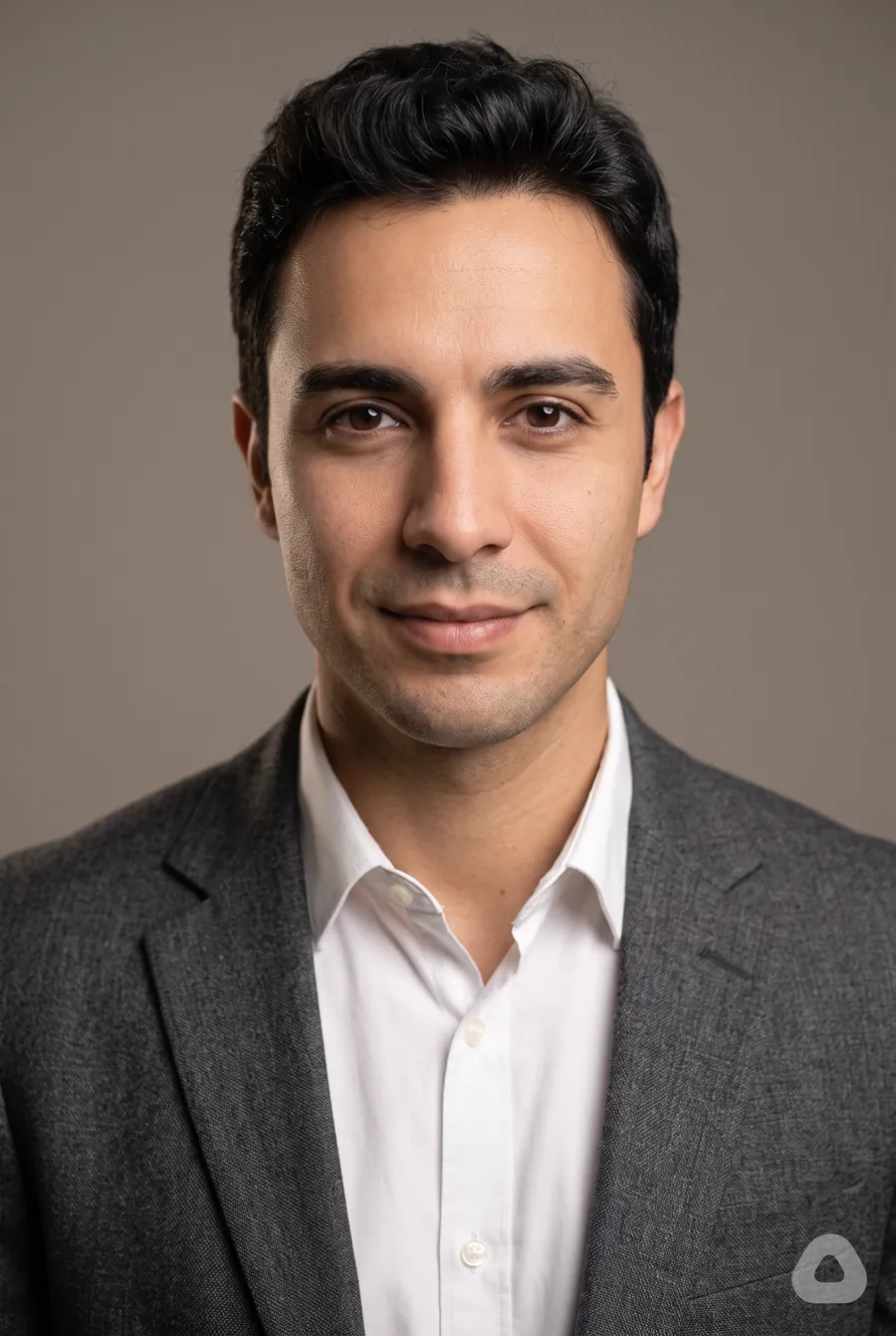Studio headshot: AI-generated with this prompt · Nano Banana 2.1 · catalogue model
