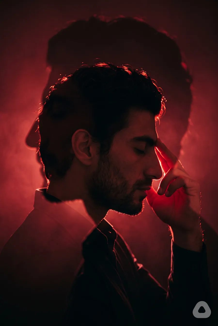 Red silhouette, double exposure: AI-generated with this prompt · Nano Banana 2.1 · catalogue model
