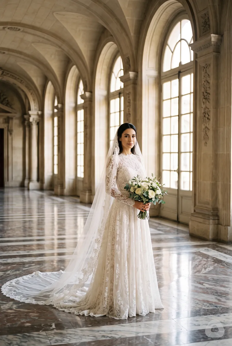Palace bridal portrait: AI-generated with this prompt · Nano Banana 2.1 · catalogue model